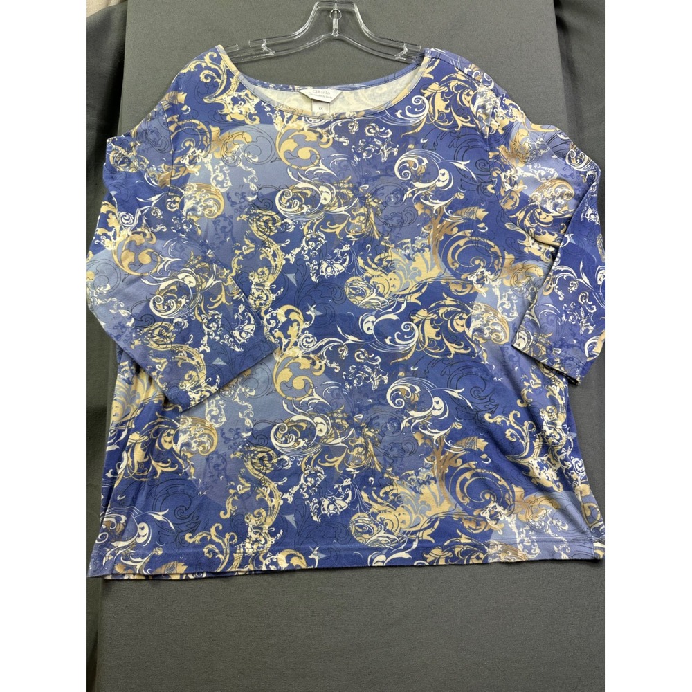 CJ Banks Blue Gold Baroque Scroll Print Scoop Neck 3/4 Sleeve Top Size 1XL